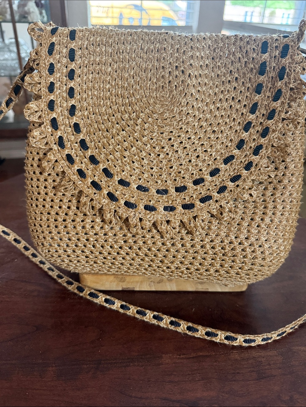 Eric Javits Natural Straw Crossbody with Black Ribbon Accents